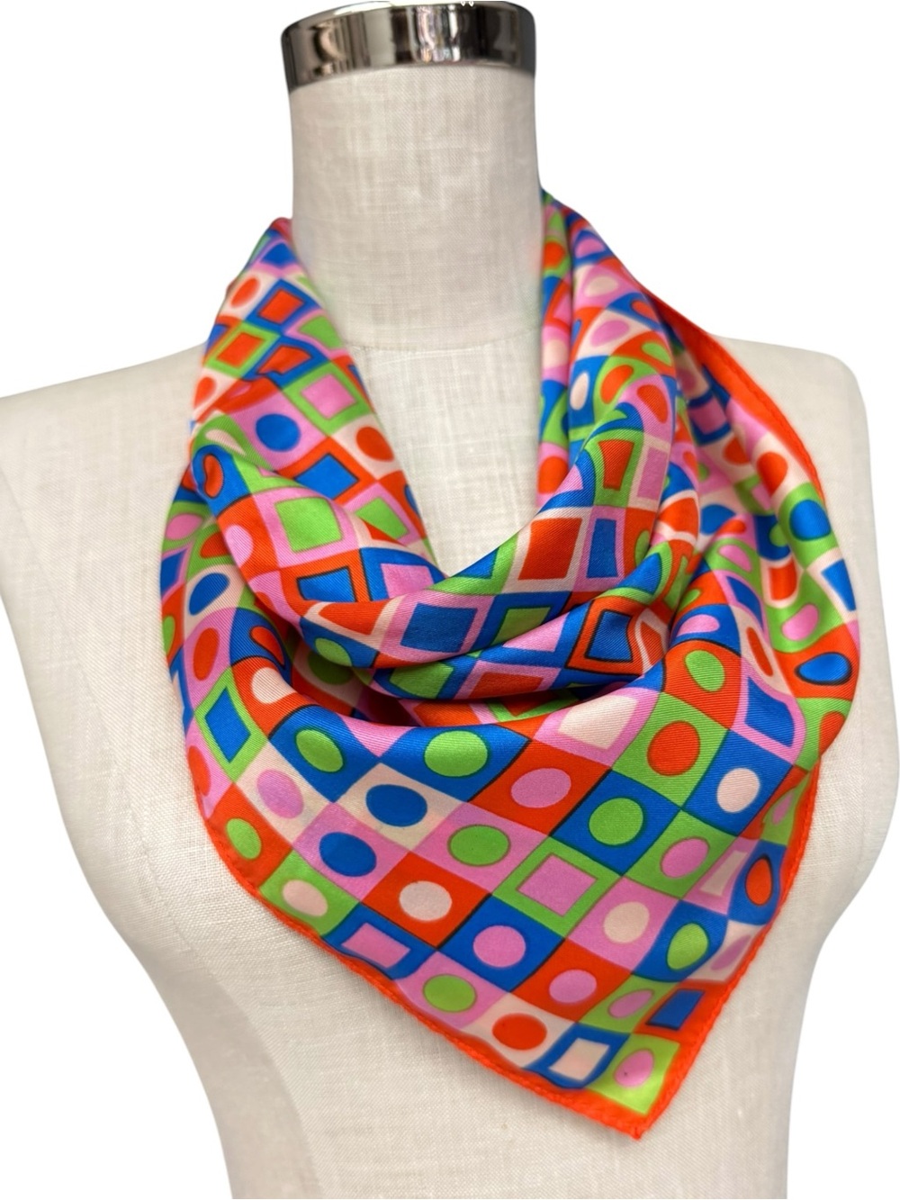 Vintage Mod Scarf Colorful Geometric Dots Scarf Blue, Orange, Pink, Green 60s - Picture 4 of 9